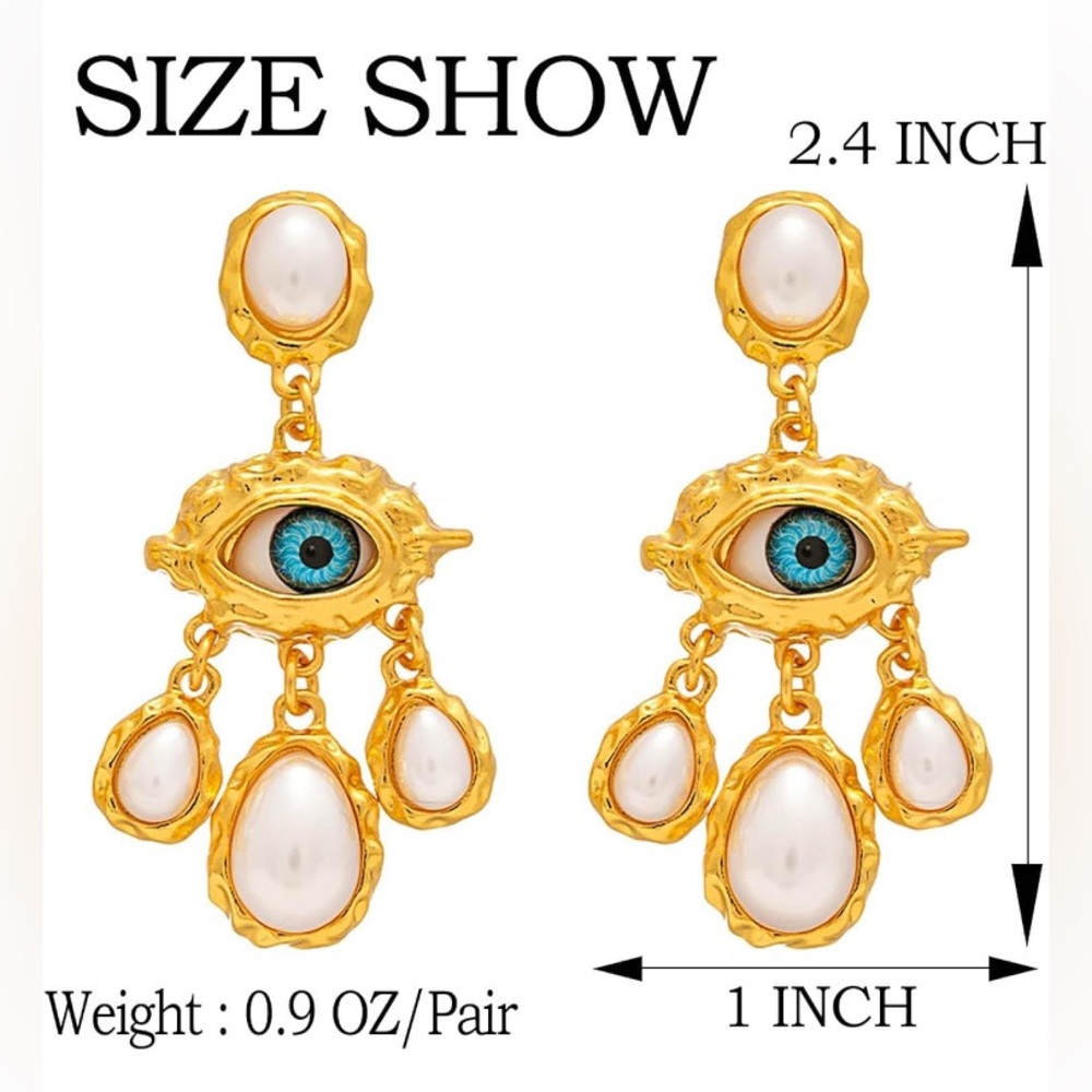 Elegant Gold and Blue Evil Eye Pearl Drop Earrings - Picture 2 of 5